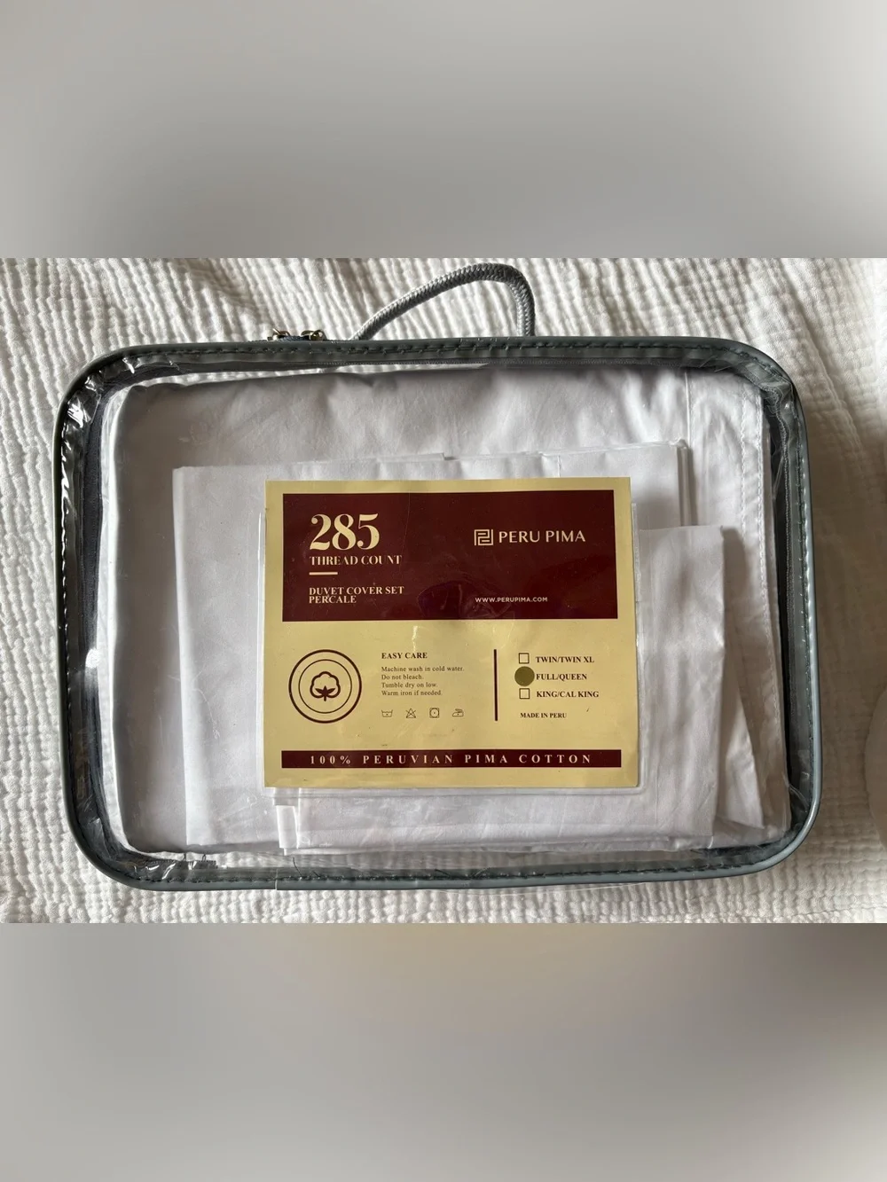 PERU PIMA 285 Thread Count Percale Full Queen Duvet Cover Set | White